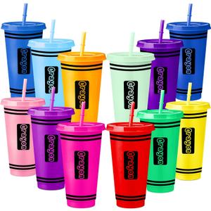 Skylety 12 Pcs Teacher Appreciation Gifts Bulk Christmas Gifts 24 oz Crayon Plastic Tumblers with Lids and Straws Reusable Water Bottle Classroom Party Favors Birthday Party Decorations