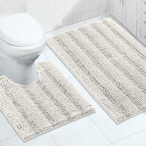 Turquoize Chenille Bathroom Rugs Set Non-Slip Bath Mats for Bathroom Super Absorbent Shaggy Rugs for Tub Shower Toilet Plush Bath Rug Plus U Contour Rug (Oversized: 24" x 36" and 20" x 24" U), Cream