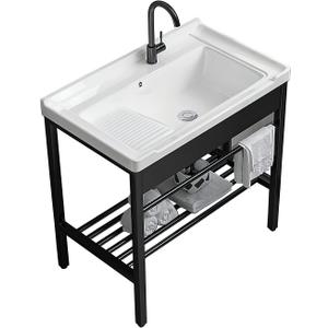 Freestanding Laundry Utility Sink, 28.3" x 19" x 32.3" Ceramic Utility Sink with Washboard Set with Bracket and Drain Kit for Laundry Room, Utility Room, Garage, Basement, Outdoor and Indoor