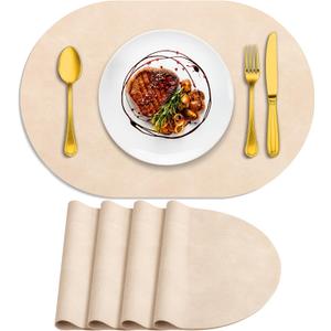 ADRIMER Placemats, Heat Resistant Oval Placemats Set of 4 Washable 12 x 17 Inch, Waterproof Table Mats, Wipeable Pu Place Mats for Kitchen, Dining Room, Beige