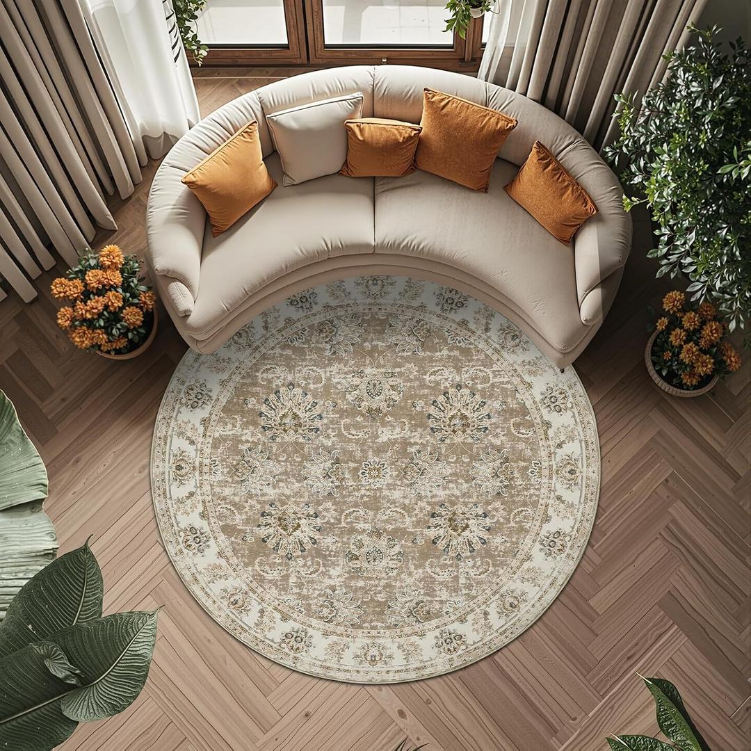 6ft Vintage Floral Round Rug, Circle Washable Rug, Taupe
Distressed Floral Design, Soft Low Pile Surface, Non Slip, Pet Friendly, Easy Care, Living Room Bedroom Diningroom Playroom