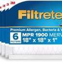 Filtrete 18x18x1 AC Furnace Air Filter, MERV 13, MPR 1900, Premium Allergen, Bacteria & Virus Filter, 3-Month Pleated 1-Inch Electrostatic Air Cleaning Filter, 6-Pack (Actual Size 17.81x17.81x0.78 in)