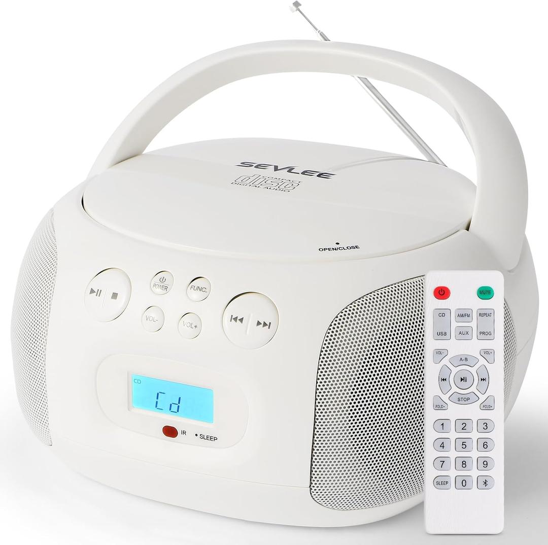 Portable CD Player Boombox Bluetooth 5.4, USB FLAC/MP3, Remote & Sleep Timer, Resume Playback, AM/FM Radio, Battery/AC Powered, Headphone & AUX (SEVLEE Cream White)