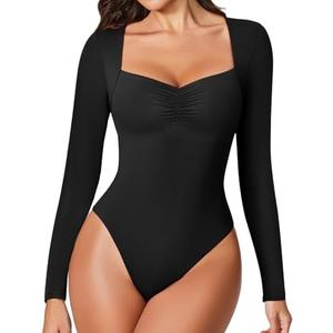 Avidlove Women's Sexy Sweetheart Neckline Bodysuit Tops Long Sleeve Double Lined Thong Body Suits Ruched Outfits.M