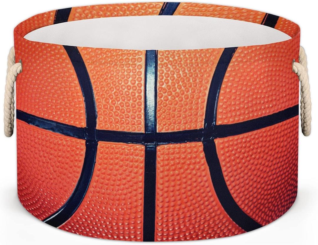 Pardick Large Round Storage Basket Sport Ball Basketball Collapsible Circle Storage Bin Laundry Hamper With Handle for Kids Toy Blanket Dirty Clothes Towel Living Room Nursery Storage Organizer (A02: Basketball Funny)