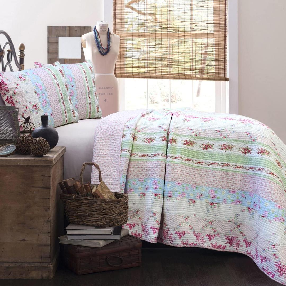 Cozy Line Home Fashions 100% Cotton Real Patchwork Pink Floral Cottage Shabby Chic Reversible Quilt Bedding Set, Bedspread, Coverlet (Wild Rose, King - 3 Piece)