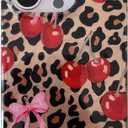 Cherry Bow Cheetah Print Glitter Phone Case for iPhone 15 Pro 6.1",Trendy Cute Retro Brown Leopard Pink Bows Aesthetic Bling Protective Girly Cover for iPhone 15pro 6.1in