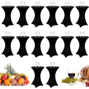 14 Pack Spandex Cocktail Table Cover Bulk 24 x 43 Inch Round High Table Stretch Bistro Tablecloths for Wedding Bar Banquet Graduation Day Party (Black)
