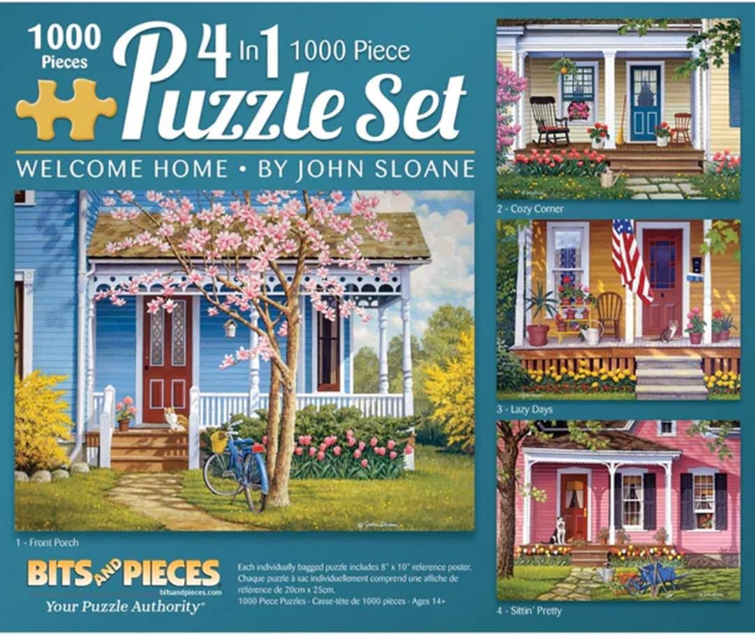 Bits and Pieces 4 Jigsaw Puzzle Set 1000 Piece Puzzles for Adults, 4-in-1 Welcome Home Set - Large 20" x 27" Jigsaw Puzzles 1000 Pieces - Americana Houses Porch - Random Die Cut Pieces No 2 are Alike