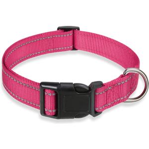 Reflective Dog Collar with Buckle Adjustable Safety Nylon Collars for Small Medium Large Dogs, Pink L (Large :Width 1",Neck 14-22")