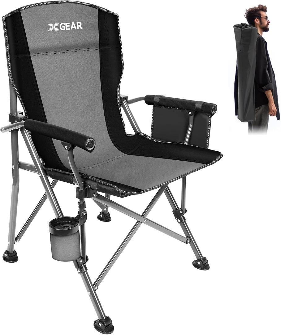 XGEAR Camping Chair with Padded Hard Armrest, Sturdy Folding Camp Chair with Cup Holder, Storage Pockets Carry Bag Included, Support to 400 lbs, 22.83d X 22.83w X 37h in