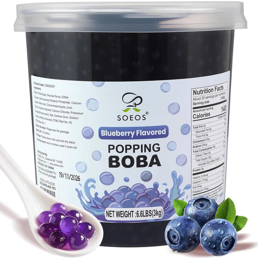 Soeos Blueberry Popping Boba Pearls 6.6 LB (3000 g), Bursting Boba Pearls for Bubble Tea, Beverages, Shakes, Desserts, Smoothie and Ice Cream Topping (Pack of 1)