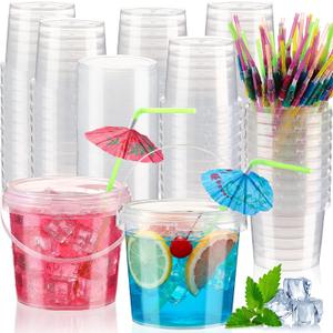 Funnymoom 60 Pack 25 oz Clear Plastic Drink Buckets with Umbrella Straws Reusable Clear Drink Cup Cocktail Rum Ice Cream Beverage Containers with Lids Handles for Tropical Summer Party Beach Pool
