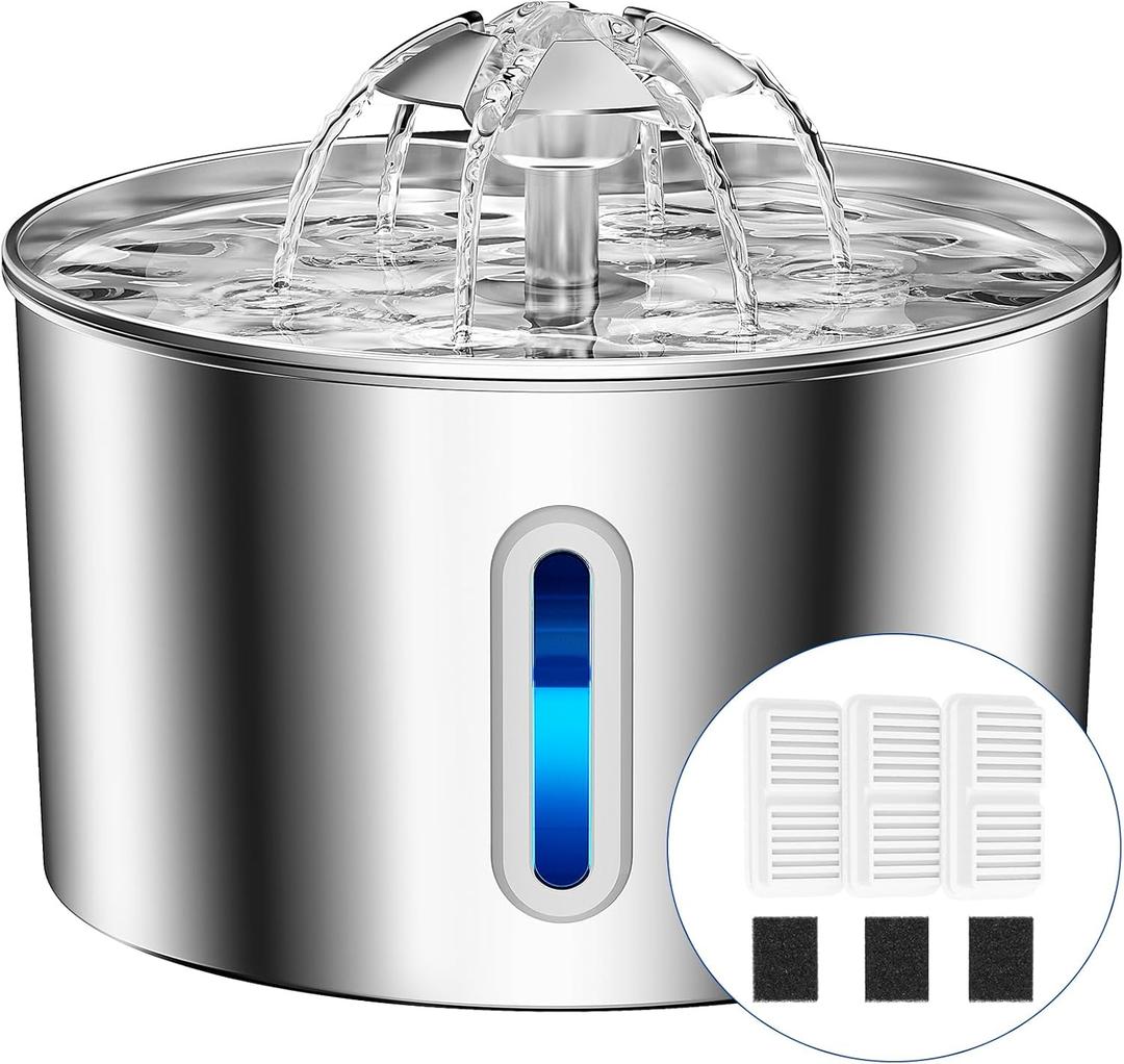 Cat Water Fountain Stainless Steel - 74oz/2.2L Pet Dog Water Dispenser Automatic Silent Cats Dispenser for Drinking Indoor Metal Kitty Spout Fountains with 3 Filters & 3 Sponges Christmas Stuff Gifts