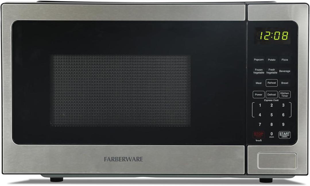 Farberware 0.9 Cu. Ft. Countertop Microwave Oven  900 Watts Power, Auto Cook Settings, Defrost, Easy Clean and Child Safety Lock - Stainless