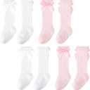 Jspupifip 4 Pairs Baby Girls Knee High Socks Newborn Girl Bow Ruffle Long Infant Non-Slip Socks