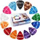 60 Pack Guitar Picks with Organizer Storage Box, 0.5 0.58 0.75 0.84 1.0 1.2mm Includes Thin Medium Heavy Thickness, Variety Colorful Celluloid Plectrums for Bass Electric Acoustic Guitars Ukulele