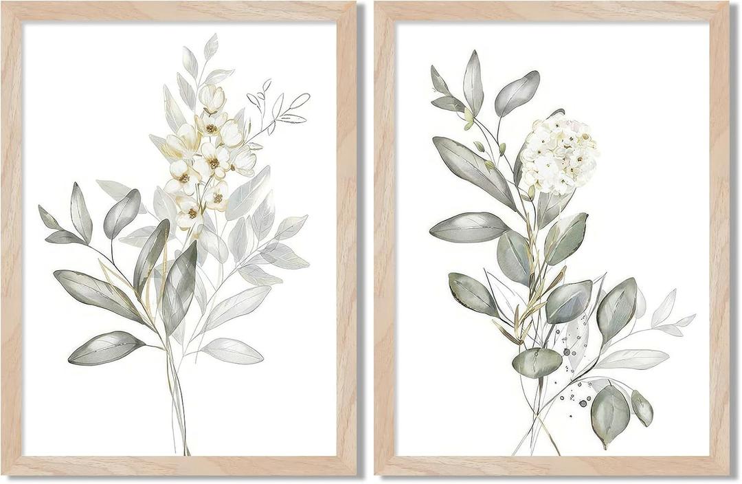 Framed Nature Botanical Wall Art Set of 2, White Floral with Green Eucalyptus Leaves Canvas Prints, Modern Minimalist Flower Painting Picture For Kitchen, Bedroom, Dining Room,Bathroom Decor, 16x20IN