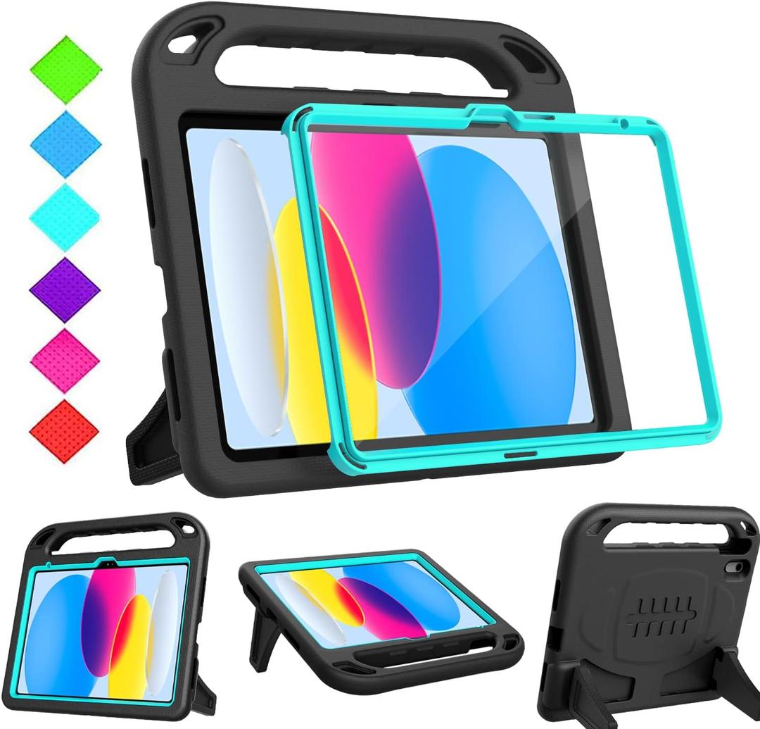BMOUO Kids Case for iPad 11th Generation (A16) 11 Inch 2025/iPad 10th Generation 10.9" 2022 - with Screen Protector, Shockproof Handle Stand iPad 11th/10th Generation Case for Kids, Black Turquoise