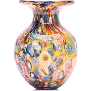 Yellow Orange Round Glass Vase,Modern Art Sea Glass Decor with Colorful Petal Decorative for Home Decor,Hand Blown Stained Vase for Flowers Living Room Dining Tabletop Centerpiece Office Decor