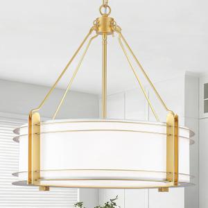 20.4'' Gold Drum Chandelier with White Linen Fabric Shade, 20.4in
