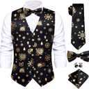Hi-Tie Suit Vest for Men Christmas Mens Suit Vest Casual 5 PCS V-Neck Vest Tie& Bow Tie Hanky Cufflink Set for Party (XX-Large, Black and Gold)