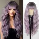 MERISIHAIR Long Ombre Light Purple Wavy Wig with Bangs,Dark Root Ombre Gray Purple Wigs Natural Looking Heat Resistant Synthetic Fiber Wig For Party Cosplay Daily Halloween
