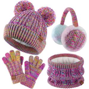 HONGTEYA Kids Winter Hat Gloves Scarf Set, Unisex Baby Kids Velvet Lined Neck Warmer With Earmuff for Boys Girls 3-15 (9-15 Years, Rainbow Mix)