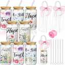 Mumufy 8 Sets Christian Glass Cups with Clear Gift Bag 16 oz Reusable Pink Iced Coffee Mugs Aesthetic Cute Tumbler with Lids and Straws, Gifts for Girls Women Bridesmaid