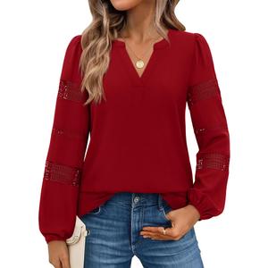 Uhiger Red Long Sleeve Shirt Women V Neck Top Dressy Casual Business Casual Outfits Plus Size Holiday Tops Vacation Outfits
