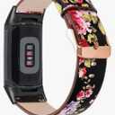 Abanen Leather Bands for Fitbit Charge 6/Charge 5, Floral Print Soft Leather Women Wristband Strap with Stainless Steel Quick Release Compatible with Fitbit Charge 5