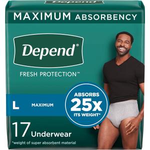 Depend Fresh Protection Adult Incontinence Underwear for Men, Disposable, Maximum, Large, Grey, 17 Count, Packaging May Vary