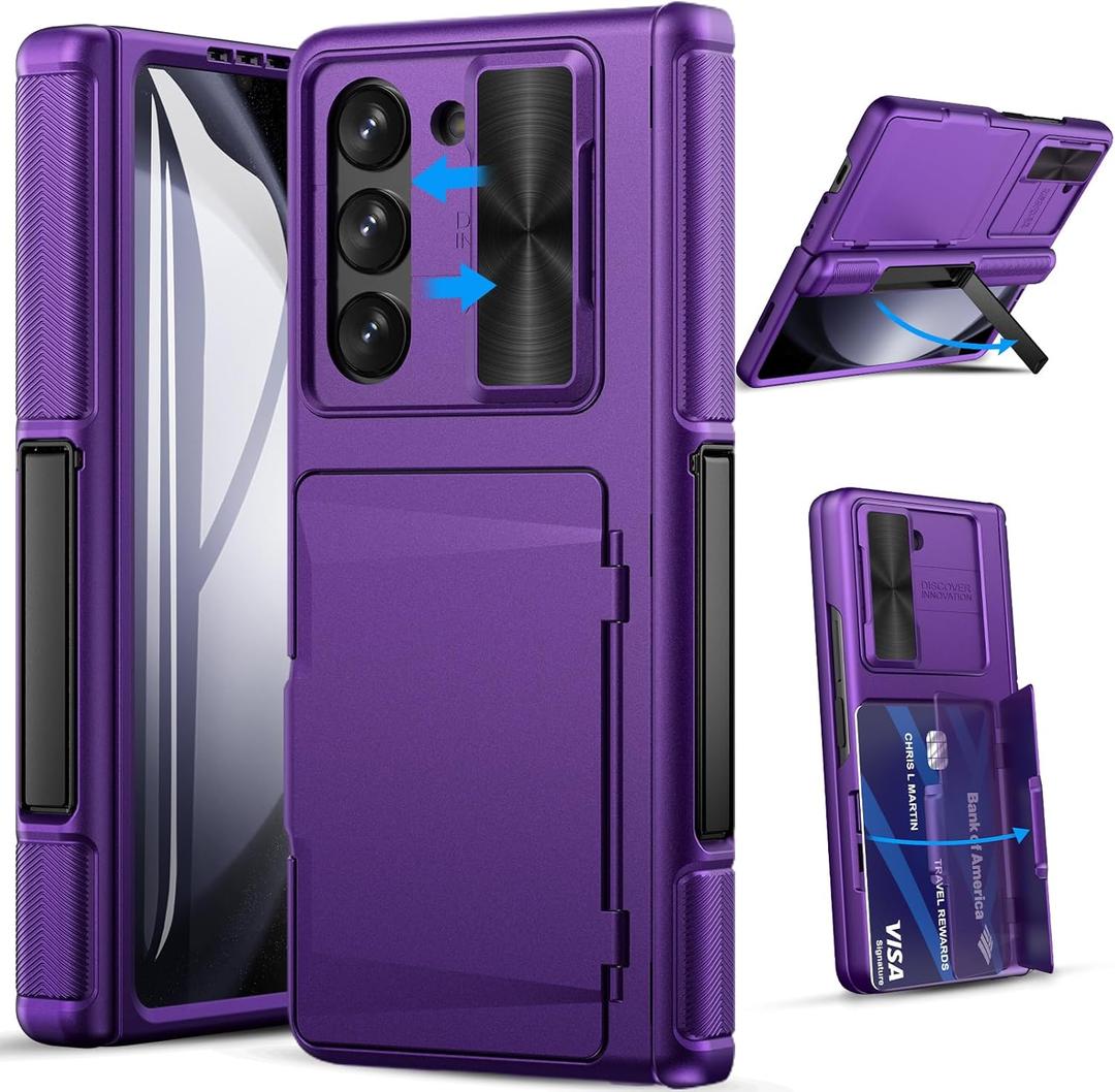 GBEE for Galaxy Z Fold 5 Case with Card Holder & Kickstand & Hinge Protection & Slide Camera Protection, Built-in Screen Protector, Full-Body Protective Phone Case for Samsung Z Fold5, Dark Purple