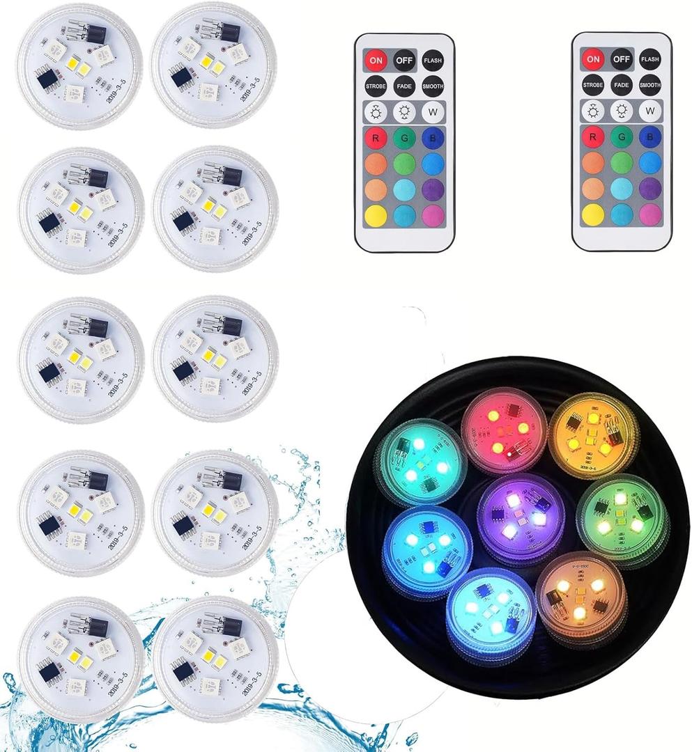 Xmas Christmas Decorations Lights with Remote - 10 PCS Submersible Led Puck Lights | Battery Powered Small Underwater Tea Candles | Multicolor Flameless Accent Lights for Pool Lantern Decoration