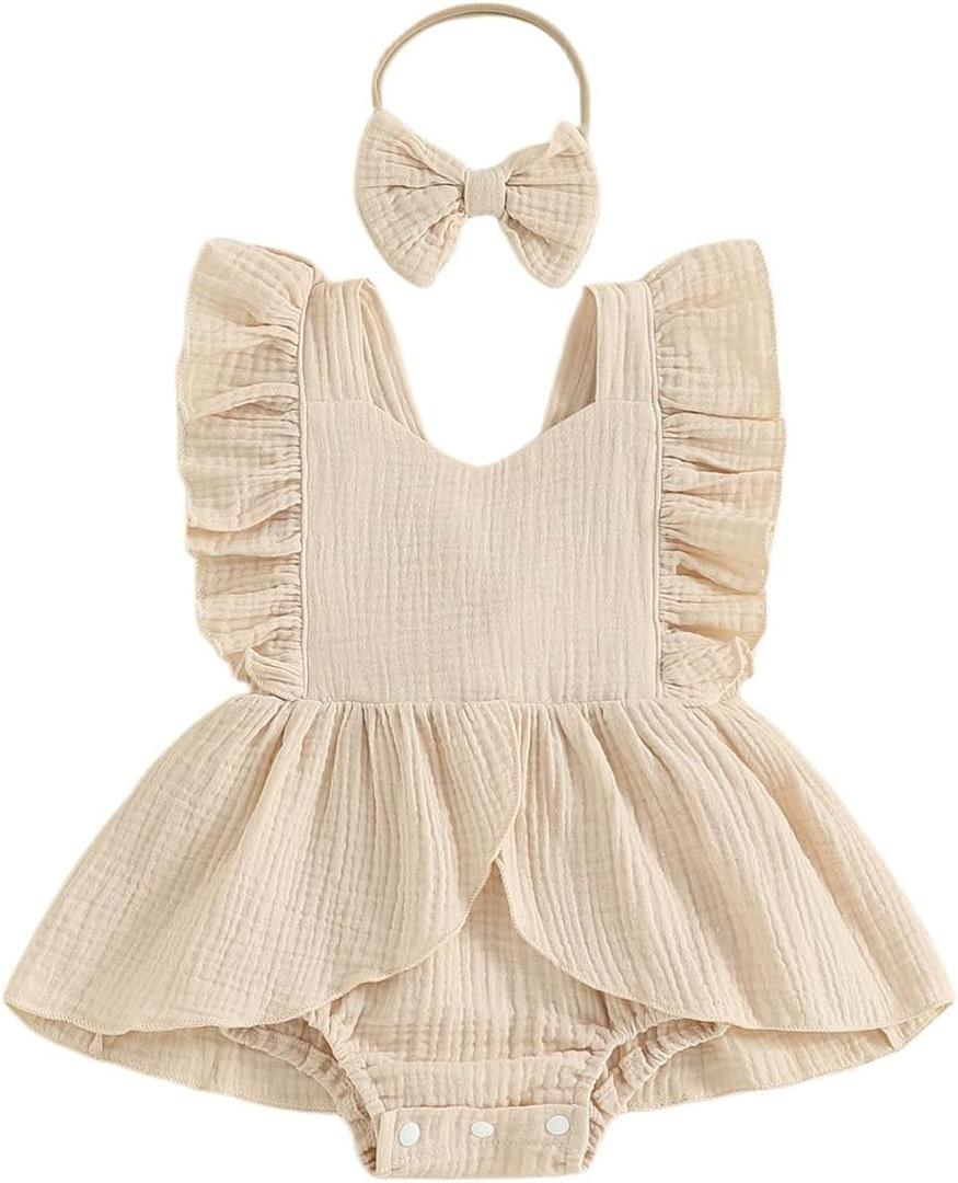 Douhoow Infant Baby Girl Romper Baby Ruffle Bodysuit Jumpsuit One-Piece Cotton Linen Clothes (12-18 Months)