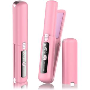 Cordless Hair Straightener and Curler 2 in 1 Mini Lightweight and Small USB Rechargeable with 4500mAh Battery 10s Fast Heating Portable Ceramic Flat Iron for Travel (Pink)