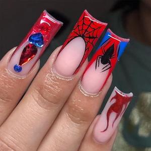 Long Square Press on Nails Halloween Fake Nails Spiders Web French Tip Glue on Nails with Red Flame Rhinestone Designs Glossy Halloween Full Cover Red Nail Tips False Nails for Women Manicure 24Pcs, Set of 2