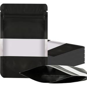 100 Pieces Smell Proof Mylar Resealable Food Storage Bags With Clear Window, Foil Pouch Stand-up for Self Sealing Supplies (Black, 3.5 x 5 Inch)