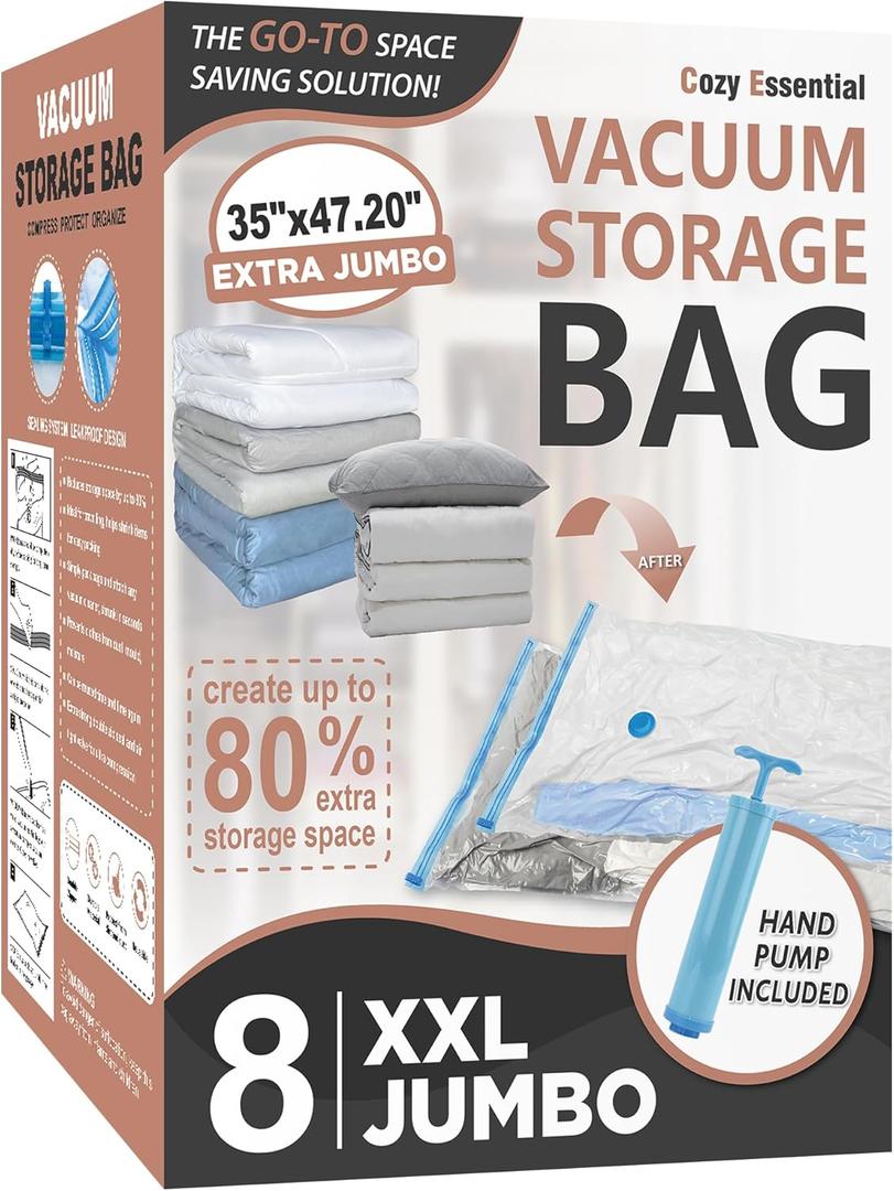 Cozy Essential Vacuum Storage Bags, 80% Compression Vacuum Seal Space Saver Plastic Packaging Bags for Clothes, Blankets, Pillow, Bedding, Comforters, Sealer Clothing Storage, 8 XXL Jumbo