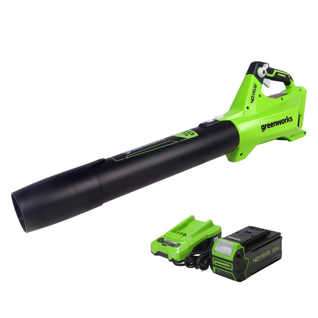 Greenworks 40V (120 MPH / 450 CFM / 75+ Compatible Tools) Cordless Axial Leaf Blower, 4.0Ah Battery and Charger Included