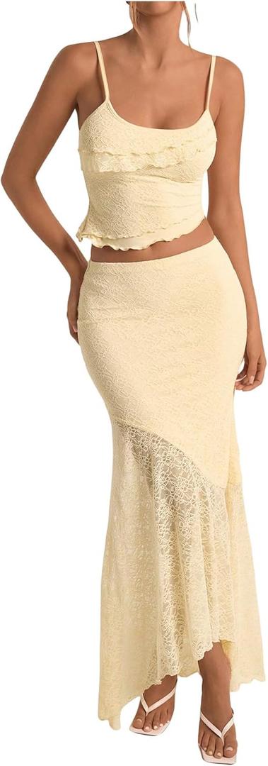 Milumia Women's 2 Piece Outfits Ruffle Trim Cami Crop Top and Low Rise Maxi Skirt Set (Apricot)