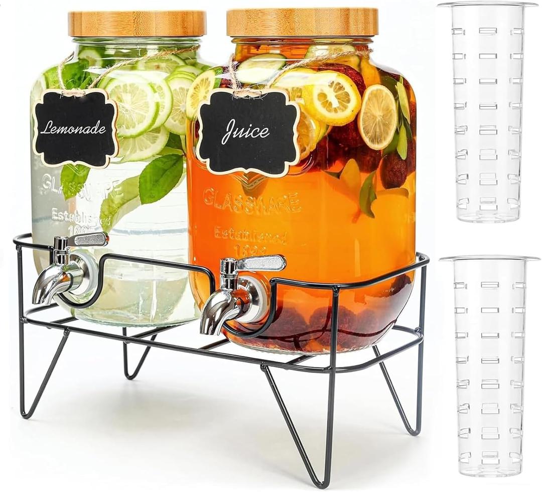 2 Pack 1 Gallon Glass Drink Dispenser with Bamboo Lid, Beverage Dispenser with Stand, Drink Machine for Lemonade, Iced Drinks Kombucha Dispenser for Parties, Weddings