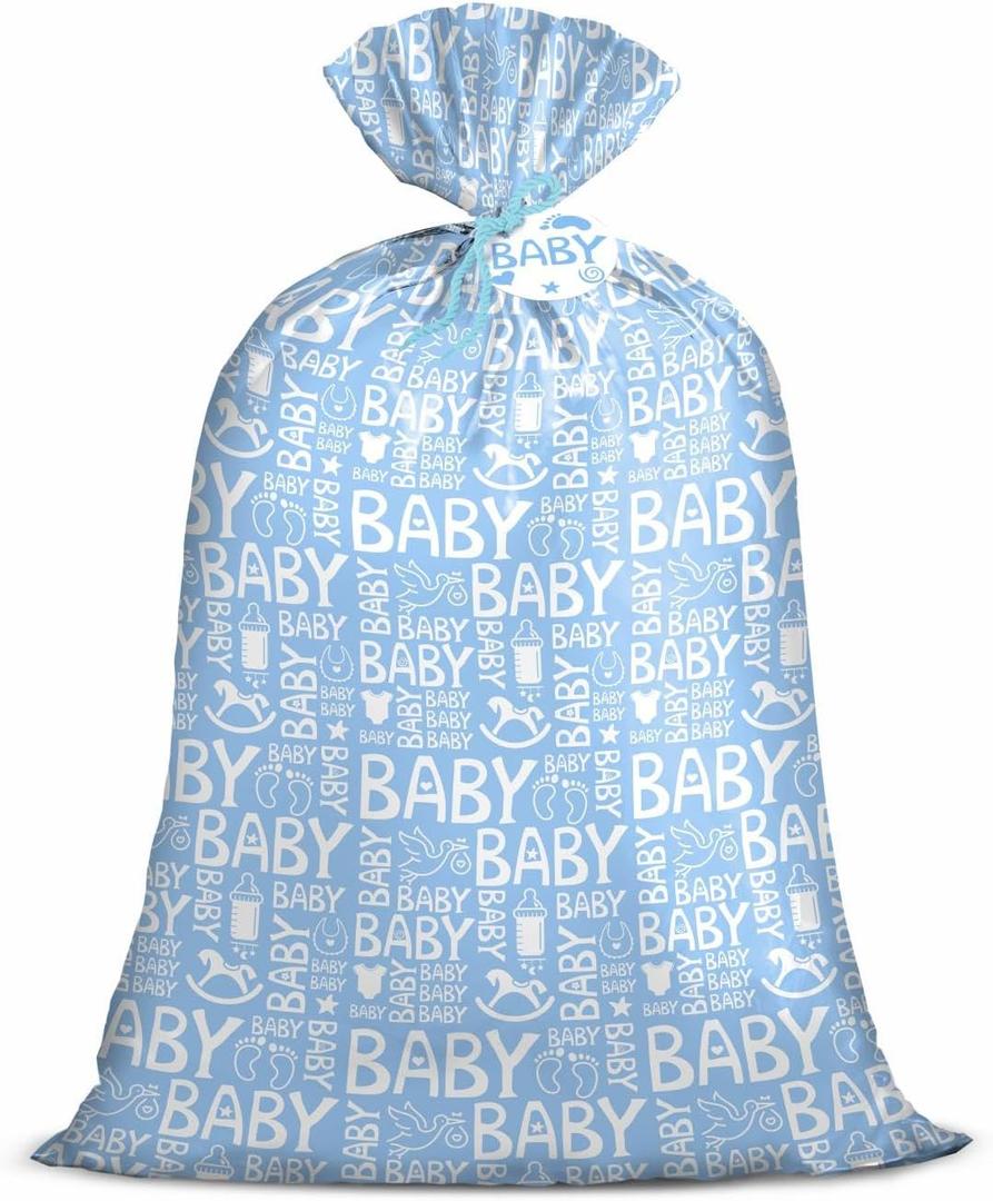 Loveinside Blue Jumbo Large Plastic Gift Bag, Baby Girl Design Plastic Bag with Tag and Tie for Birthday, Baby Shower and Holiday, 56" x 36", 1 Pcs
