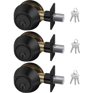 BESTTEN 3 Pack Keyed Alike Deadbolt, Single Cylinder Entry Door Lock with Same Key, 9 Keys Included, for Exterior Front Doors, Matte Black