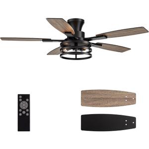 52 Inch Flush Mount Ceiling Fans with Lights and Remote Control, Low Profile Farmhouse Ceiling Fan for Bedroom Living Room and Patio, Black Caged Ceiling Fan for Indoor and Outdoor