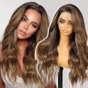 Ombre Brown Synthetic Lace Front Wig,136 Long Loose Wavy HD Lace Glueless Wigs for Women Natural Daily Use 26INTT4/108, Size: 13×6 Lace