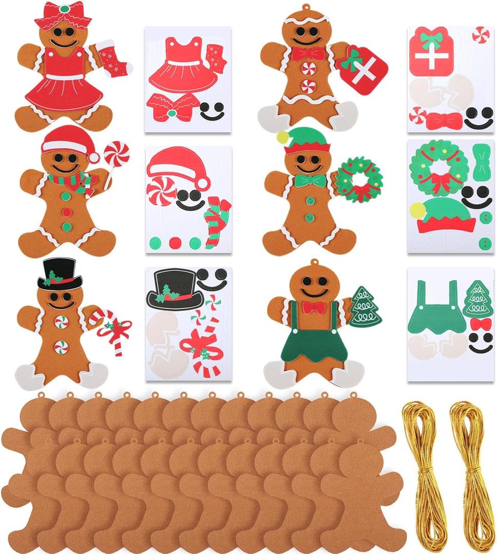 Remagr 24 Pcs Gingerbread Man Craft Christmas DIY Gingerbread Ornament Ginger Bread Men Hanging with Self-Adhesive Sticker Sheets for Christmas Arts and Crafts Favor Xmas Tree Decoration
