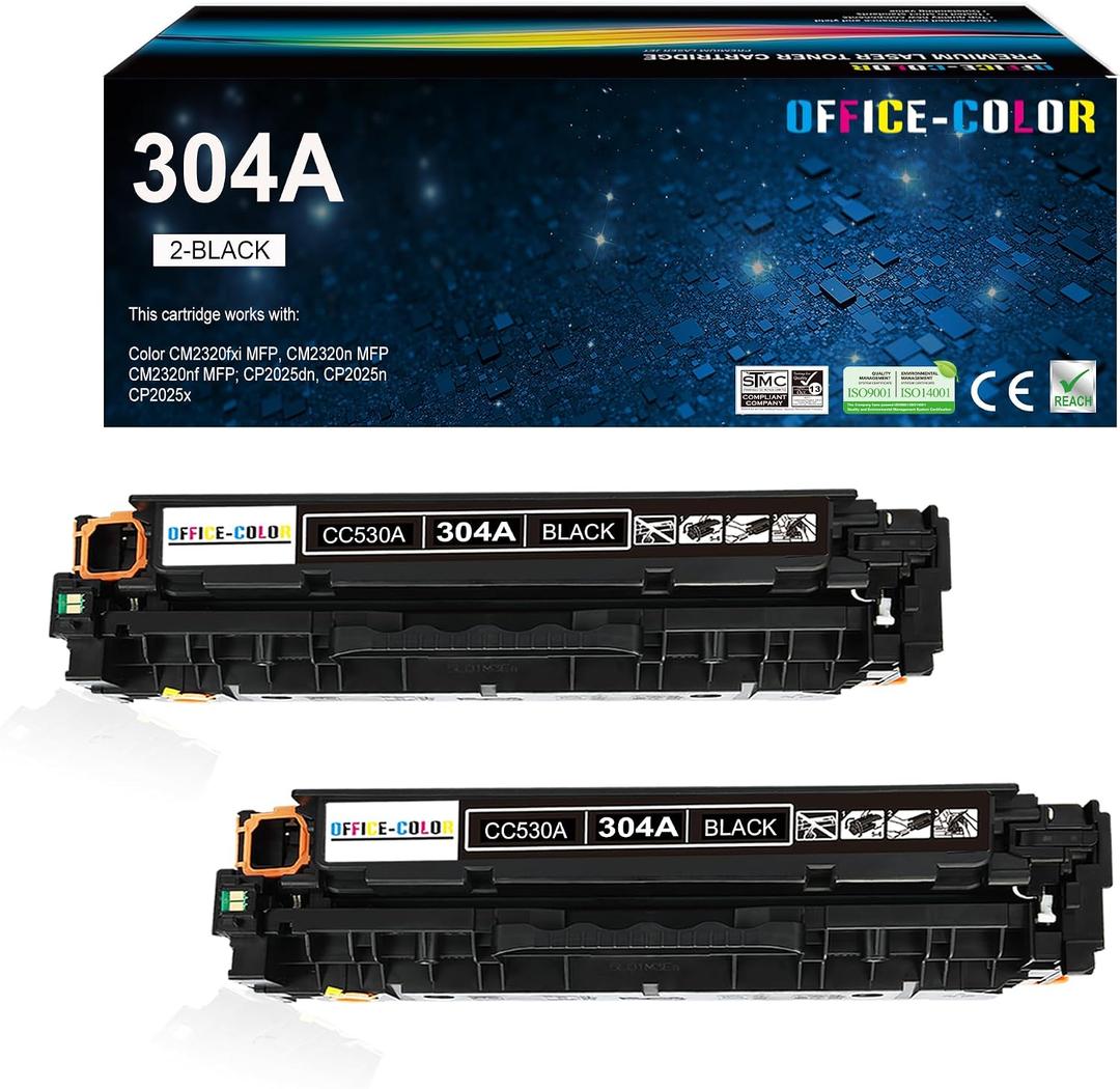 304A Black Toner Cartridge Replacement for HP 304A CC530A Works with HP Color LaserJet CP2025,CM2320fxi MFP,CM2320nf MFP,CM2320n MFP; Color CP2025dn ,CP2025n Printers (2 Pack)