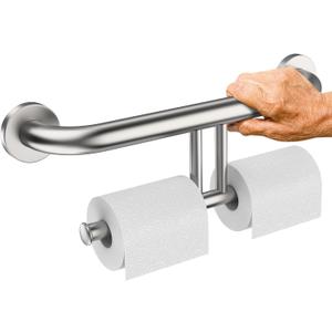 Grab Bar w/Double Toilet Paper Roll Holder Brushed Nickel, iHansee Stainless Steel Shower Support Balanced Support Handle, Wall Mounted Safety Handrail Grab Rail for Elderly Senior Handicap Disabled (17 inch)