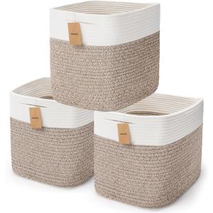3Pack Cube Storage Bins,Square Storage Baskets for Christmas Decorative,Foldable Trunk organizer for Car,11Inch Durable Cotton Rope Woven Storage Basket for Organizing-Brown Basket for Shelves,Camping (3PCS-White+Brown)
